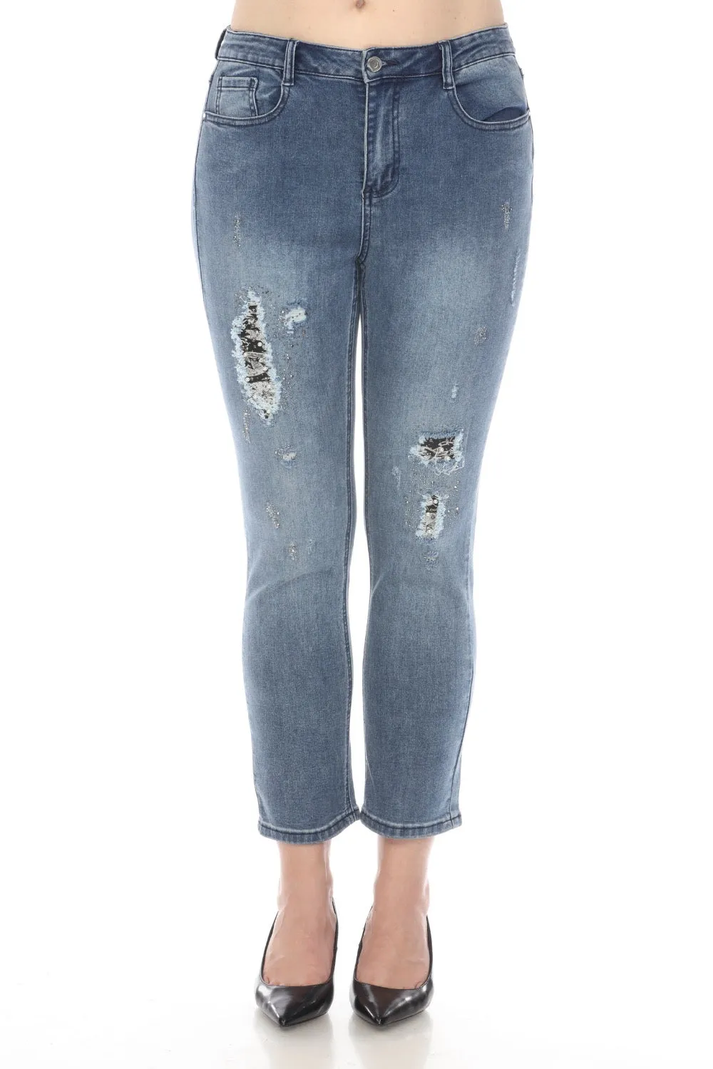 Joseph Ribkoff Denim Medium Blue Distressed Embellished Cropped Jeans 242921