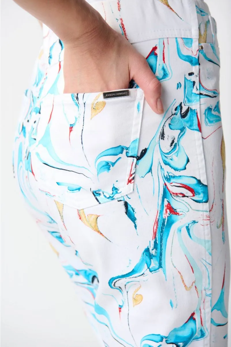 Joseph Ribkoff Multi Watercolor Print Pull On Cropped Denim Jeans 242923