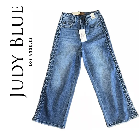 Judy Blue Boho Blues Braided Side Seam Cropped Wide Leg High Waist Jeans - 0/24‎