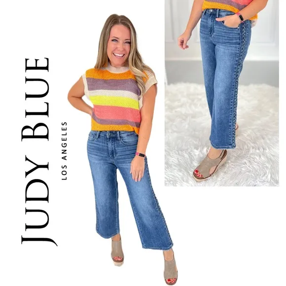 Judy Blue Boho Blues Braided Side Seam Cropped Wide Leg High Waist Jeans - 0/24‎