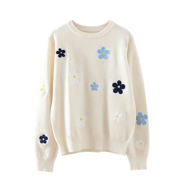 Korean Floral Emobroidery Pullover Sweater High Quality Women Elegant O Neck Knitted Tops C-089