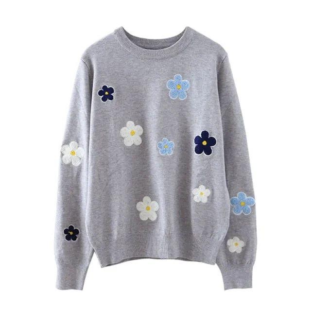 Korean Floral Emobroidery Pullover Sweater High Quality Women Elegant O Neck Knitted Tops C-089