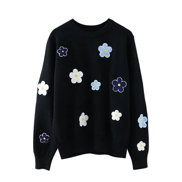 Korean Floral Emobroidery Pullover Sweater High Quality Women Elegant O Neck Knitted Tops C-089