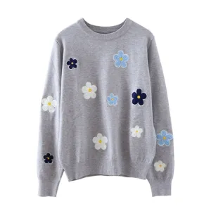 Korean Floral Emobroidery Pullover Sweater High Quality Women Elegant O Neck Knitted Tops C-089