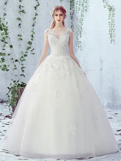 Lace-Up Appliques Beading Ball Gown Wedding Dress