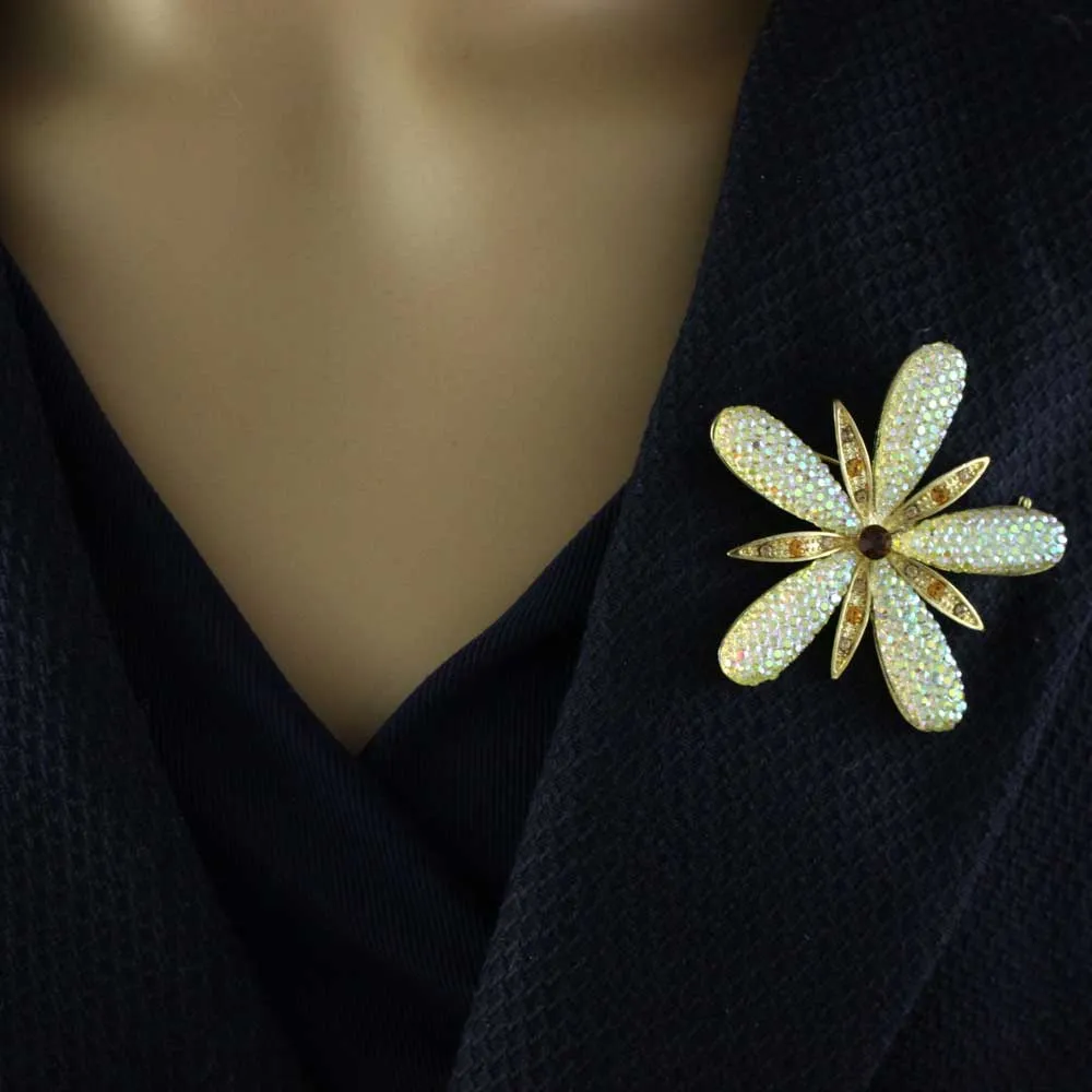 Large Aurora Borealis Acrylic with Topaz Crystals Flower Pin - PRL175