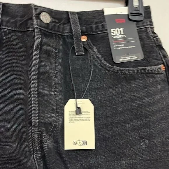 Levi’s 501 High Rise Big E Black Contemporary Distressed Denim Shorts Festival