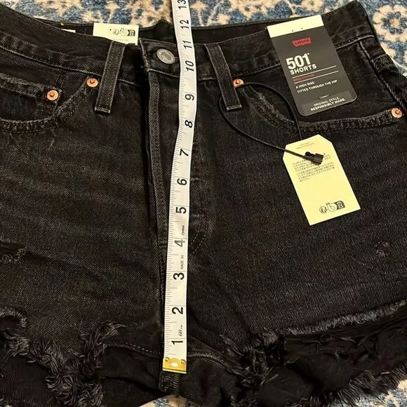 Levi’s 501 High Rise Big E Black Contemporary Distressed Denim Shorts Festival