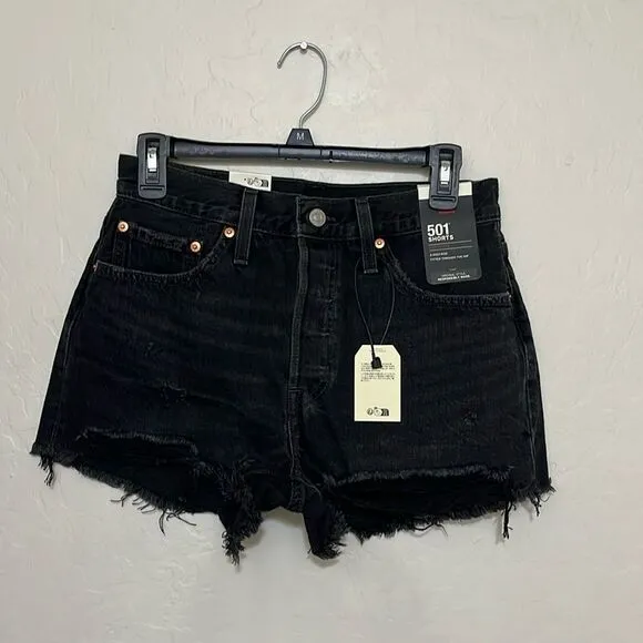 Levi’s 501 High Rise Big E Black Contemporary Distressed Denim Shorts Festival