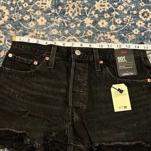 Levi’s 501 High Rise Big E Black Contemporary Distressed Denim Shorts Festival