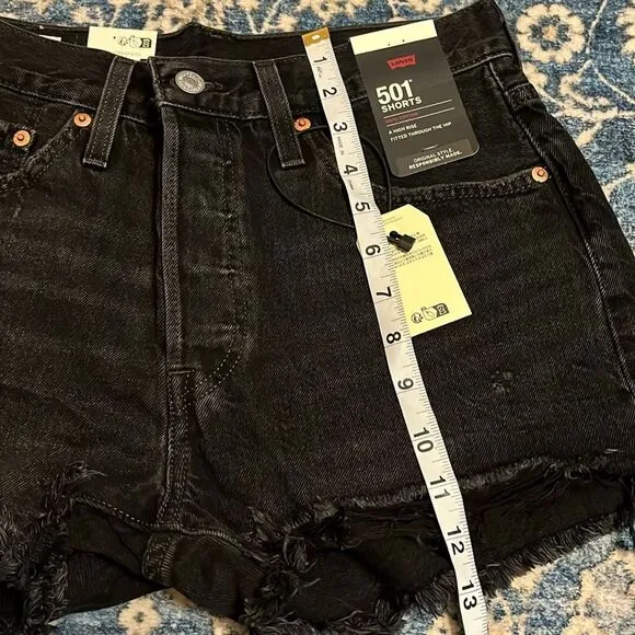 Levi’s 501 High Rise Big E Black Contemporary Distressed Denim Shorts Festival