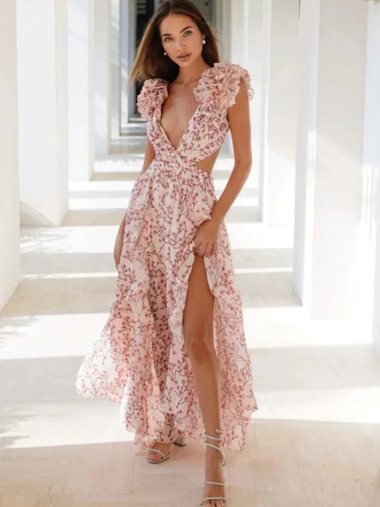 Lexi - Elegant Backless Ruffles Maxi Dress