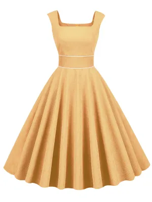 Light Yellow Corduroy Sleeveless 1950S Vinatge Dress With Pockets