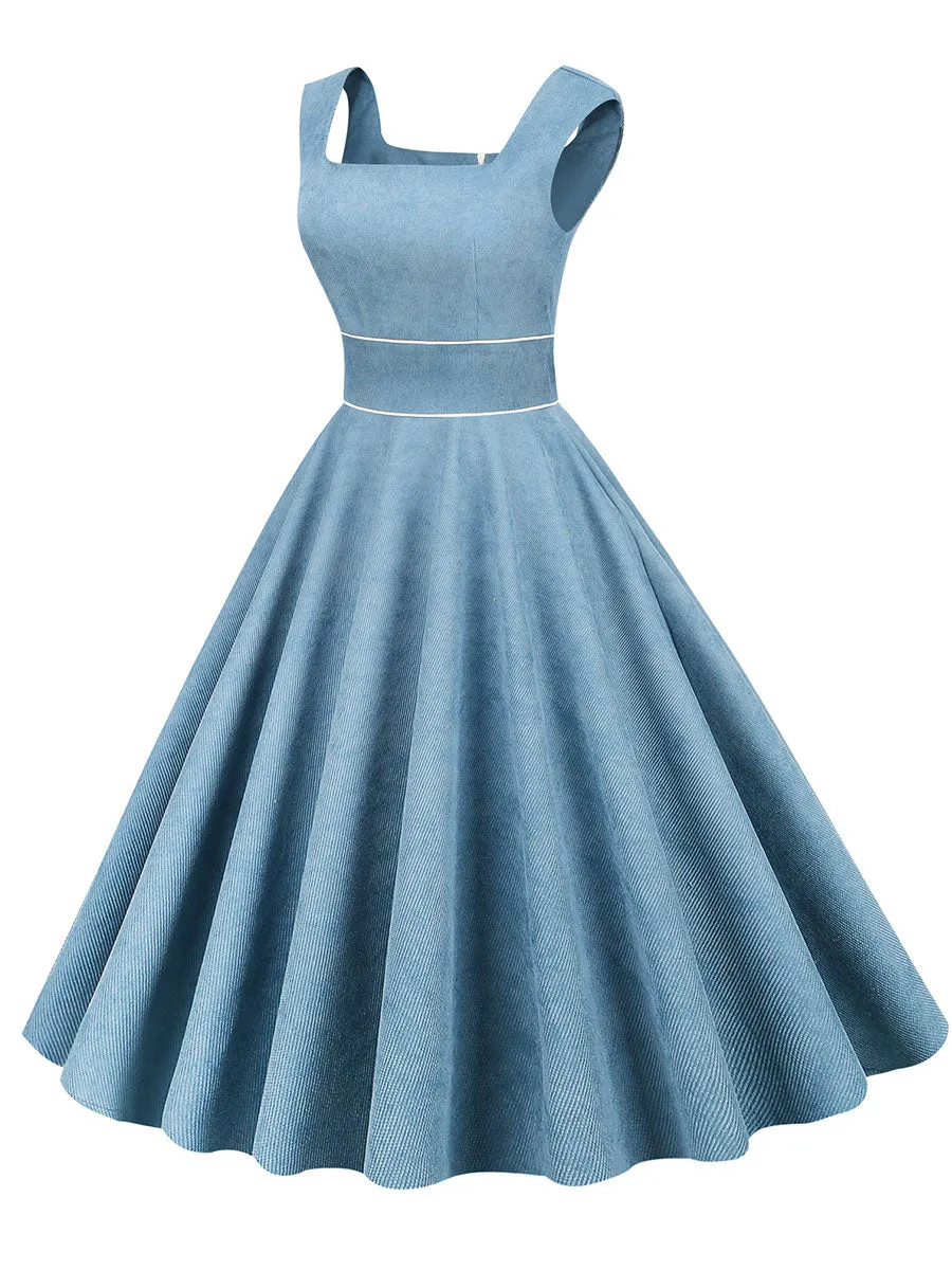 Light Yellow Corduroy Sleeveless 1950S Vinatge Dress With Pockets