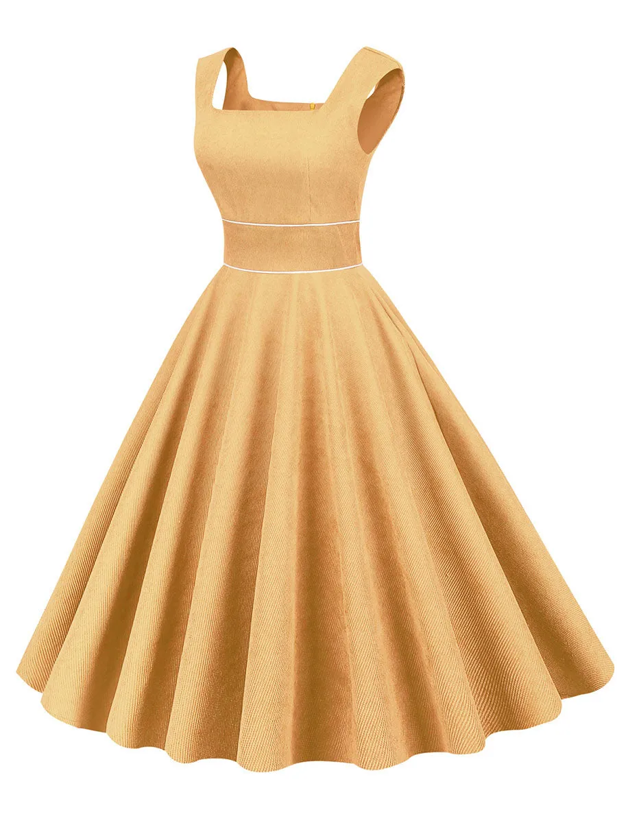 Light Yellow Corduroy Sleeveless 1950S Vinatge Dress With Pockets