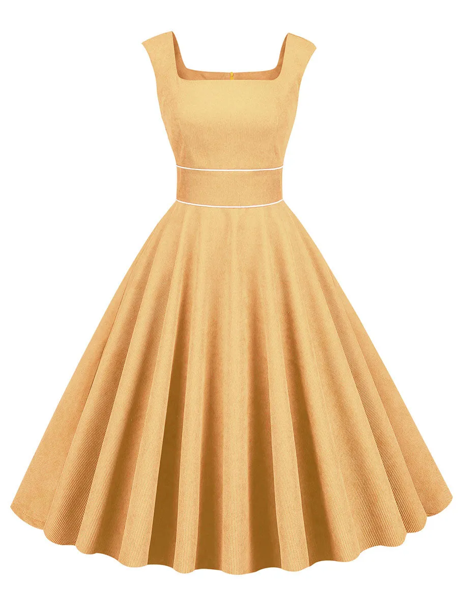 Light Yellow Corduroy Sleeveless 1950S Vinatge Dress With Pockets