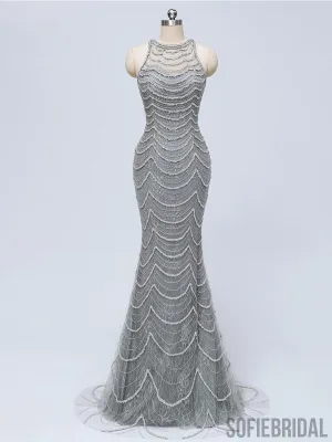 Long Mermaid Gray Beaded Sexy Luxury Prom Dresses, PD0920