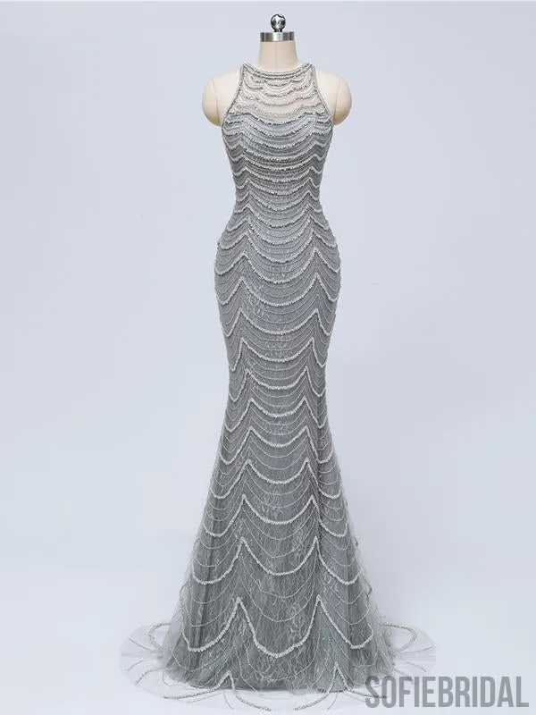 Long Mermaid Gray Beaded Sexy Luxury Prom Dresses, PD0920