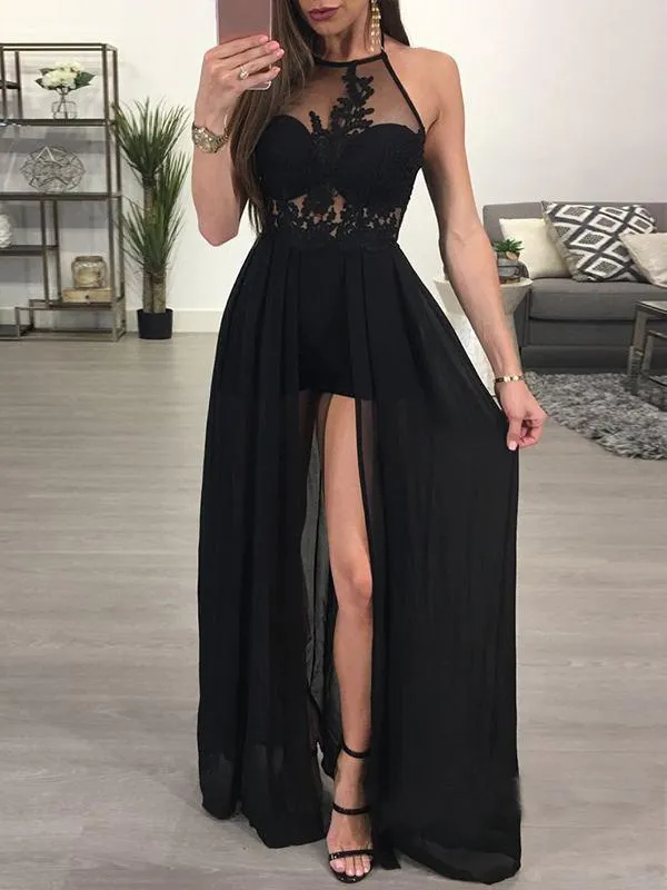 Long Prom Dress, Halter Prom Dress, Chiffon Prom Dress, A-Line Prom Dress, Sleeveless Prom Dress, Applique Prom Dress, Party Dresses, Evening Dresses, LB0697