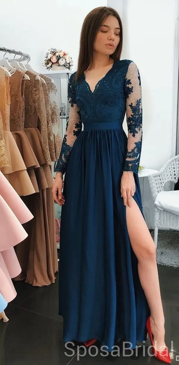 Long Sleeves Navy Blue Side Slit Modest V Neck Elegant Prom Dresses, Evening Dresses, PD1273