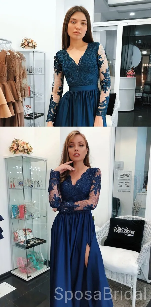 Long Sleeves Navy Blue Side Slit Modest V Neck Elegant Prom Dresses, Evening Dresses, PD1273