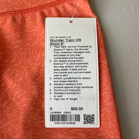 LULULEMON NWT WUNDER TRAIN HIGH RISE BIKE SHORT 8” CRUNCH WARM CORAL