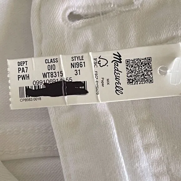 Madewell NWT Kick Out Crop Jeans Size 31 in Pure White