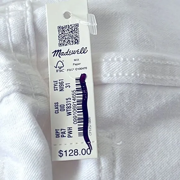 Madewell NWT Kick Out Crop Jeans Size 31 in Pure White