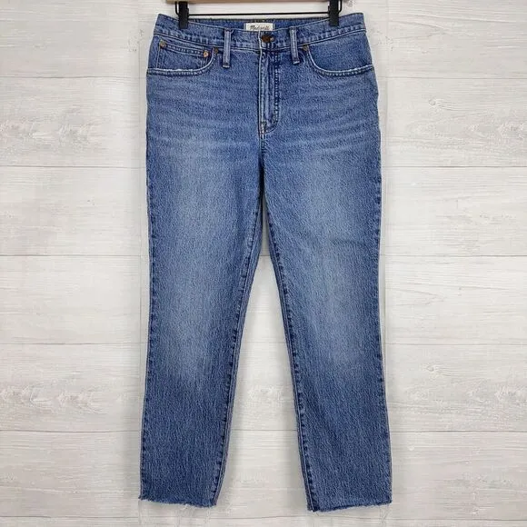 Madewell Tomboy Straight Jeans Women 27 in Wright Wash Blue Cropped Raw Hem