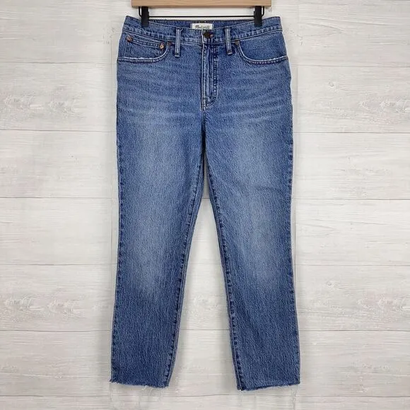 Madewell Tomboy Straight Jeans Women 27 in Wright Wash Blue Cropped Raw Hem