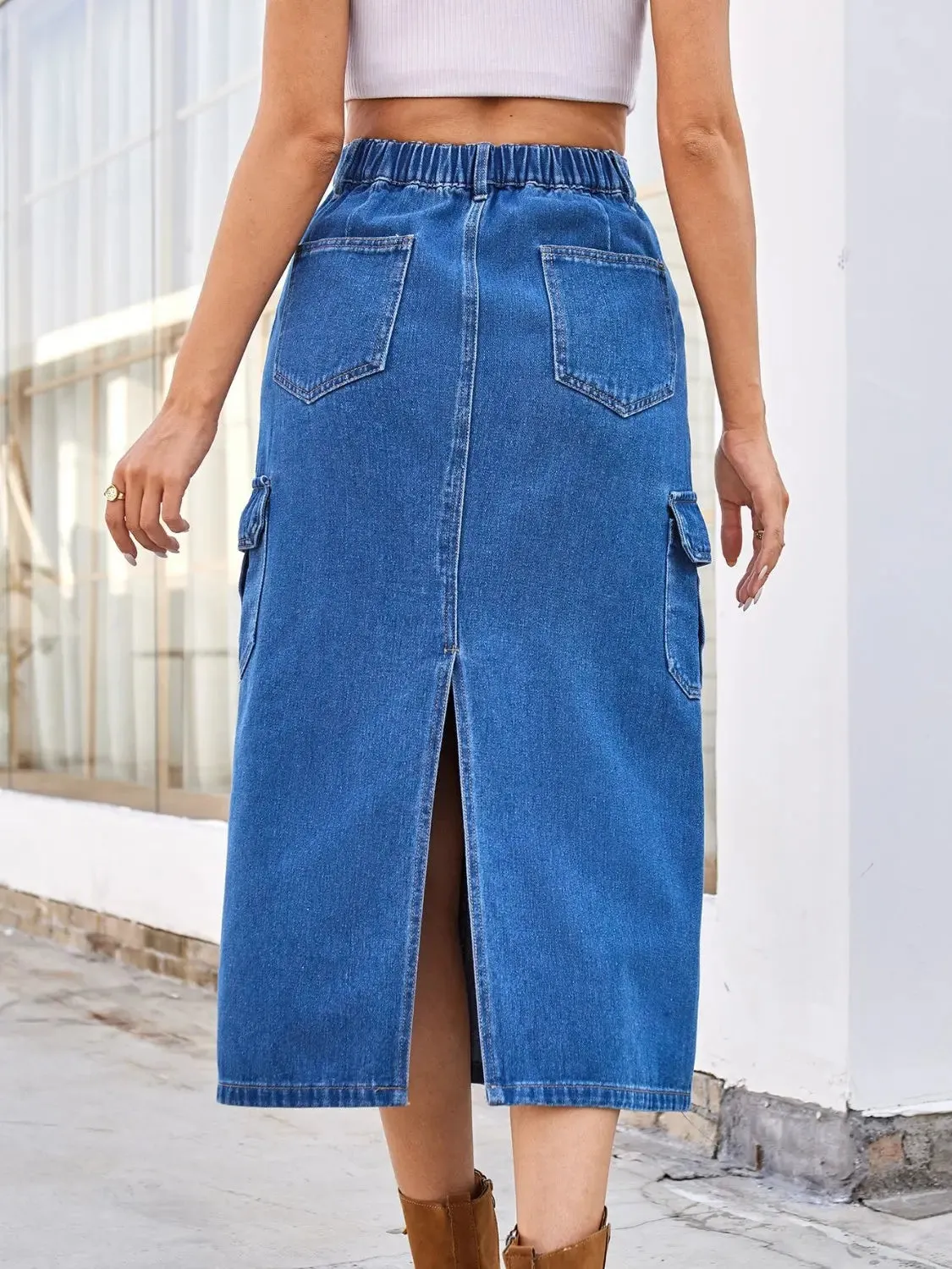 'Mckenna' Slit Midi Denim Skirt with Pockets
