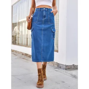 'Mckenna' Slit Midi Denim Skirt with Pockets