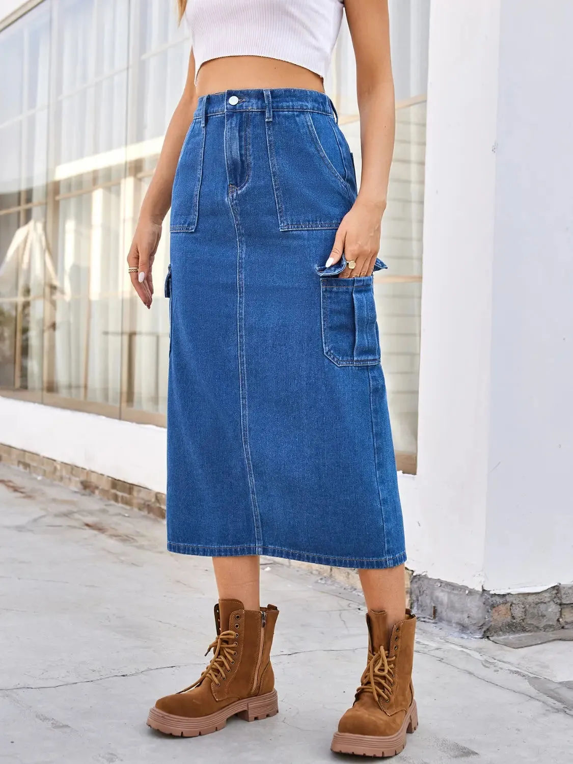 'Mckenna' Slit Midi Denim Skirt with Pockets