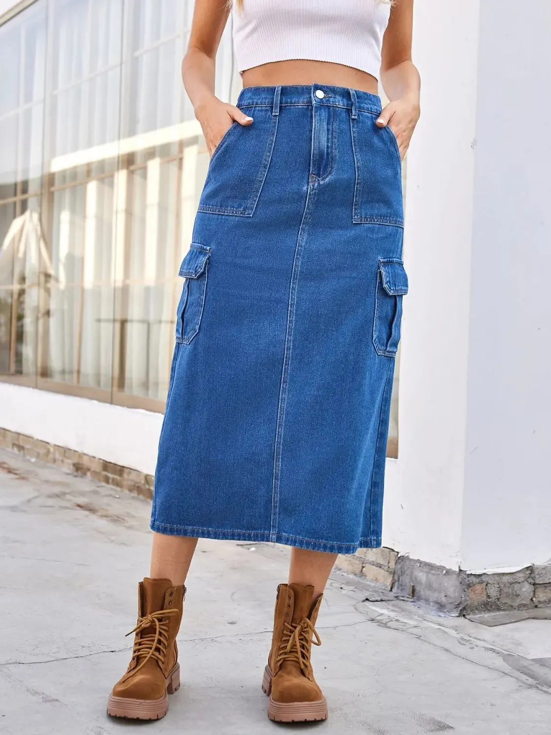 'Mckenna' Slit Midi Denim Skirt with Pockets