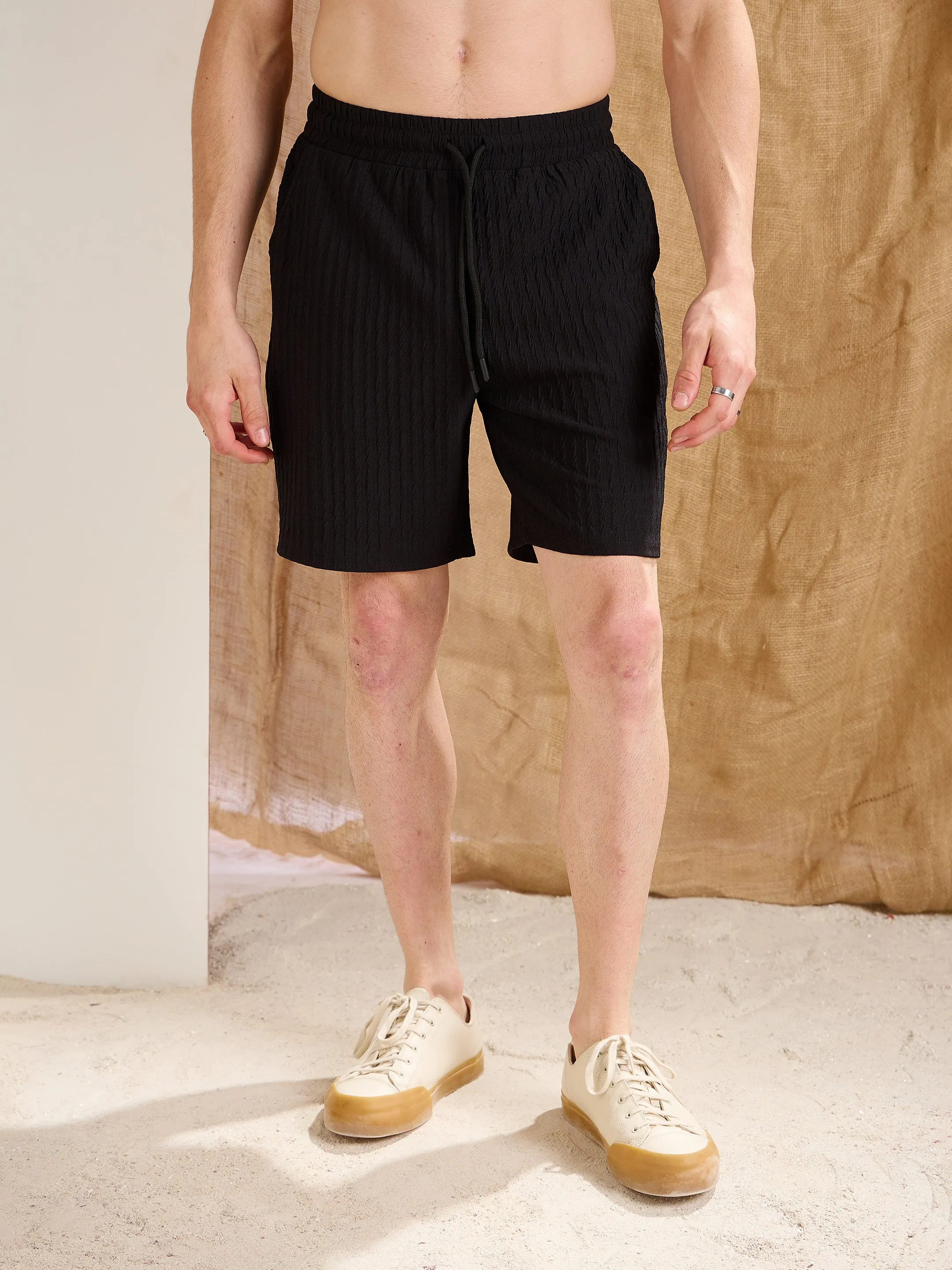 Men Black Textured Relax Fit Shorts