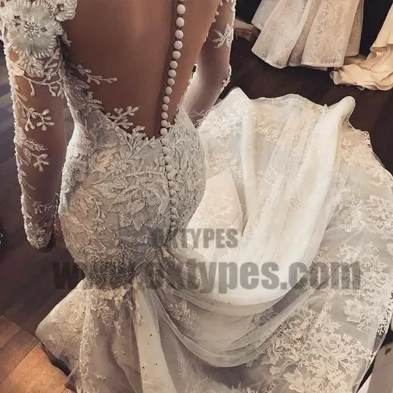Mermaid Illusion Bateau Long Sleeves Tulle Wedding Dress with Appliques, TYP0710