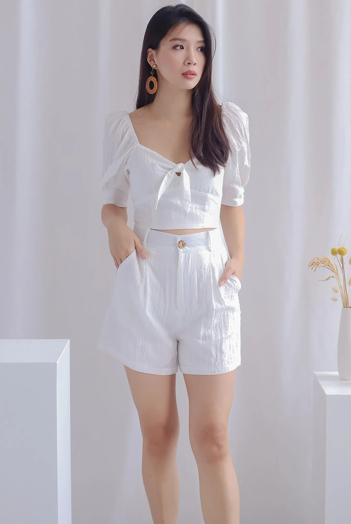 Midori Textured Shorts In White