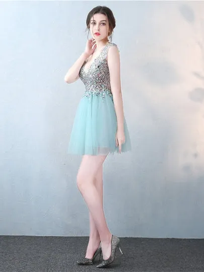 Mint V-Neck Beading Crystal Cocktail Dress