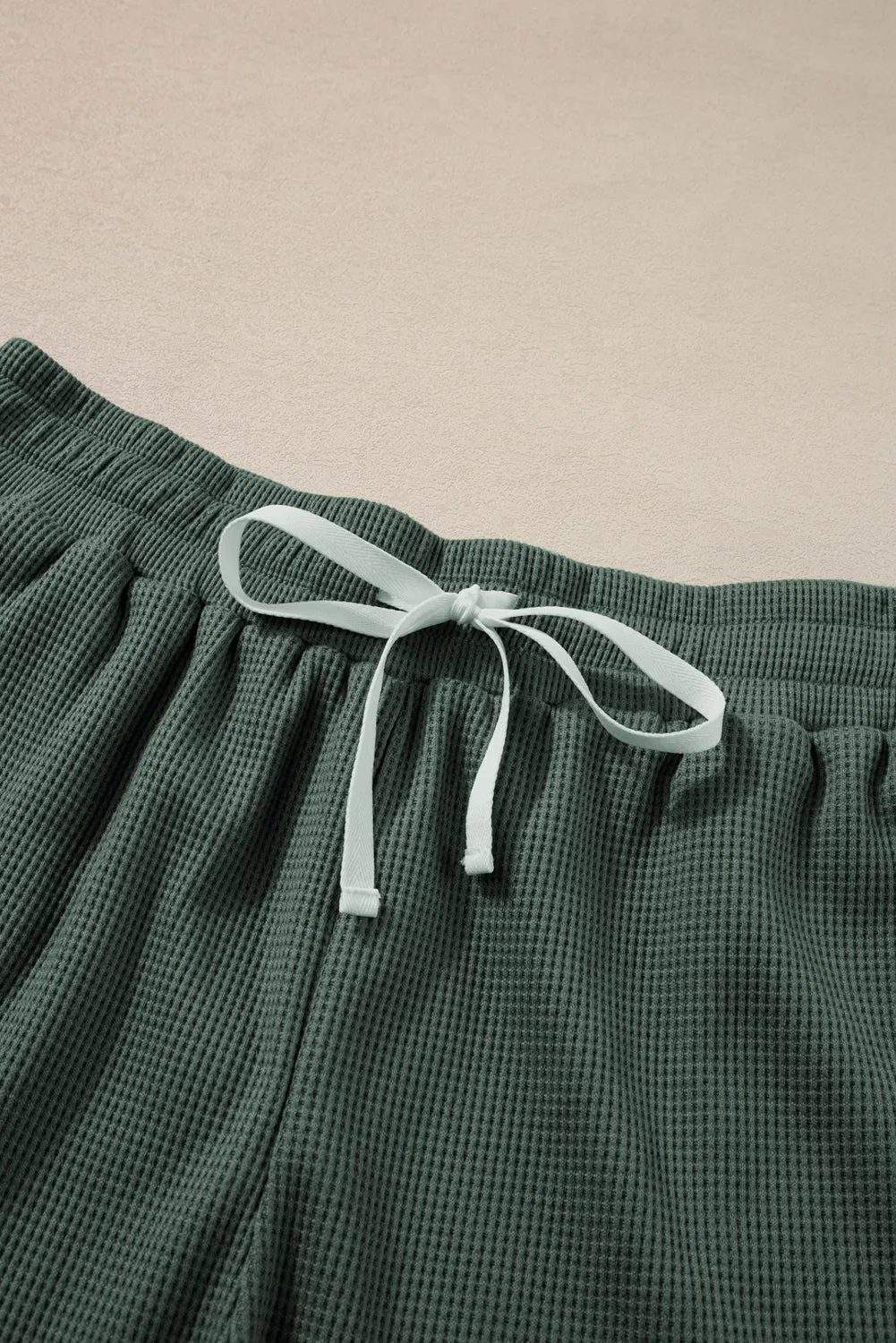 Mist Green Waffle Knit Patched Pocket Tank and Drawstring Shorts Set
