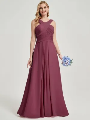 Mulberry Cross Neck A-Line Floor Length Chiffon Bridesmaid Dresses