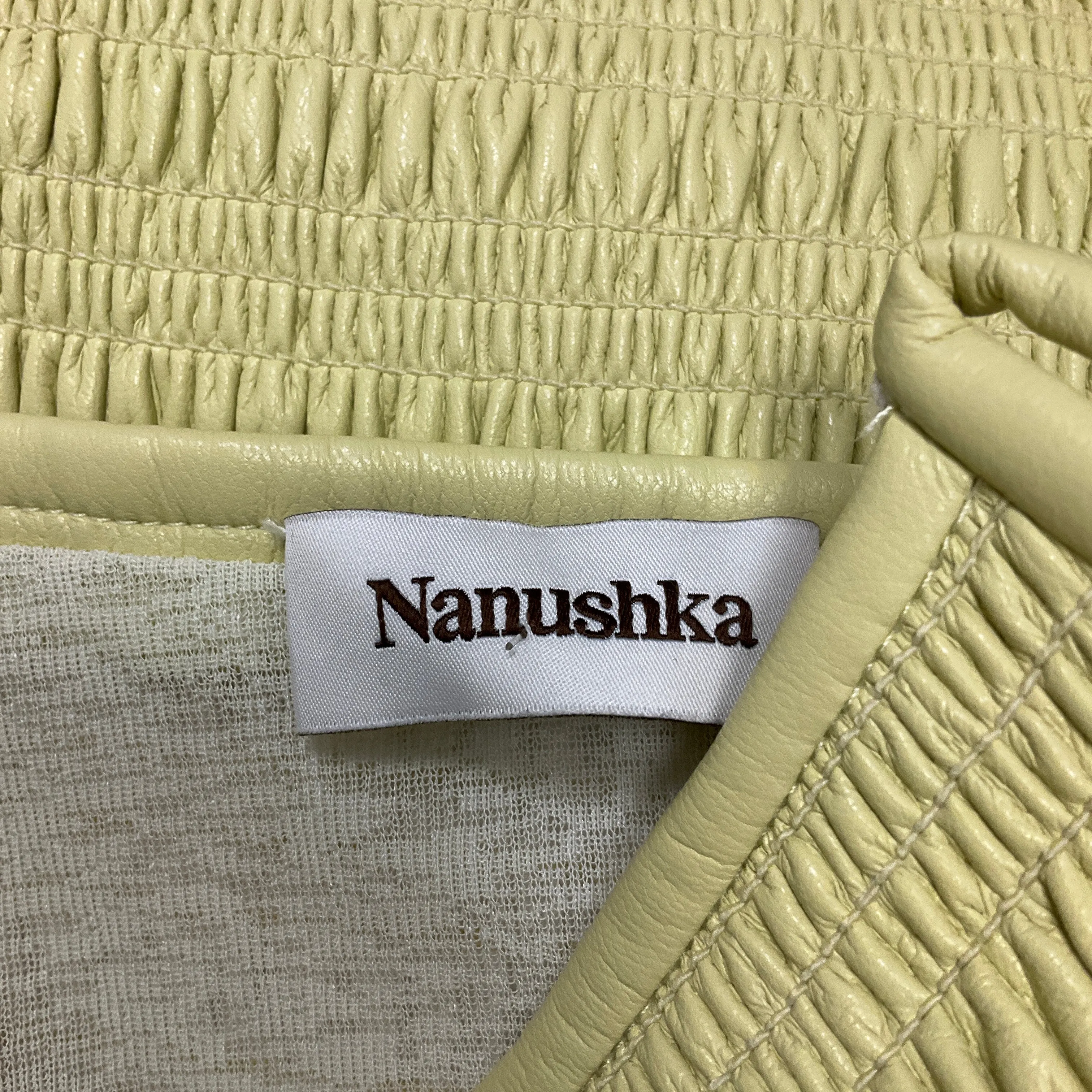 Nanushka Lemongrass Barra Smocked Okobor Alt-Leather Midi Dress