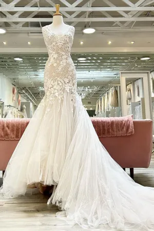 Natasha | Champagne V-Neck Asymmetrical Mermaid Wedding Dress with Appliques