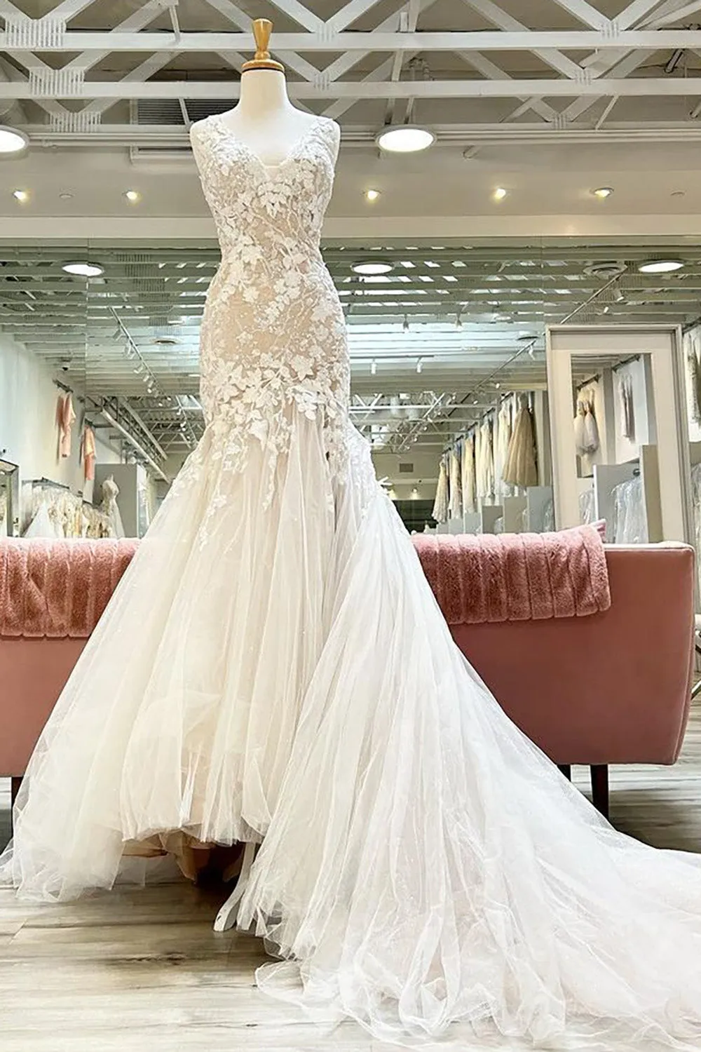 Natasha | Champagne V-Neck Asymmetrical Mermaid Wedding Dress with Appliques