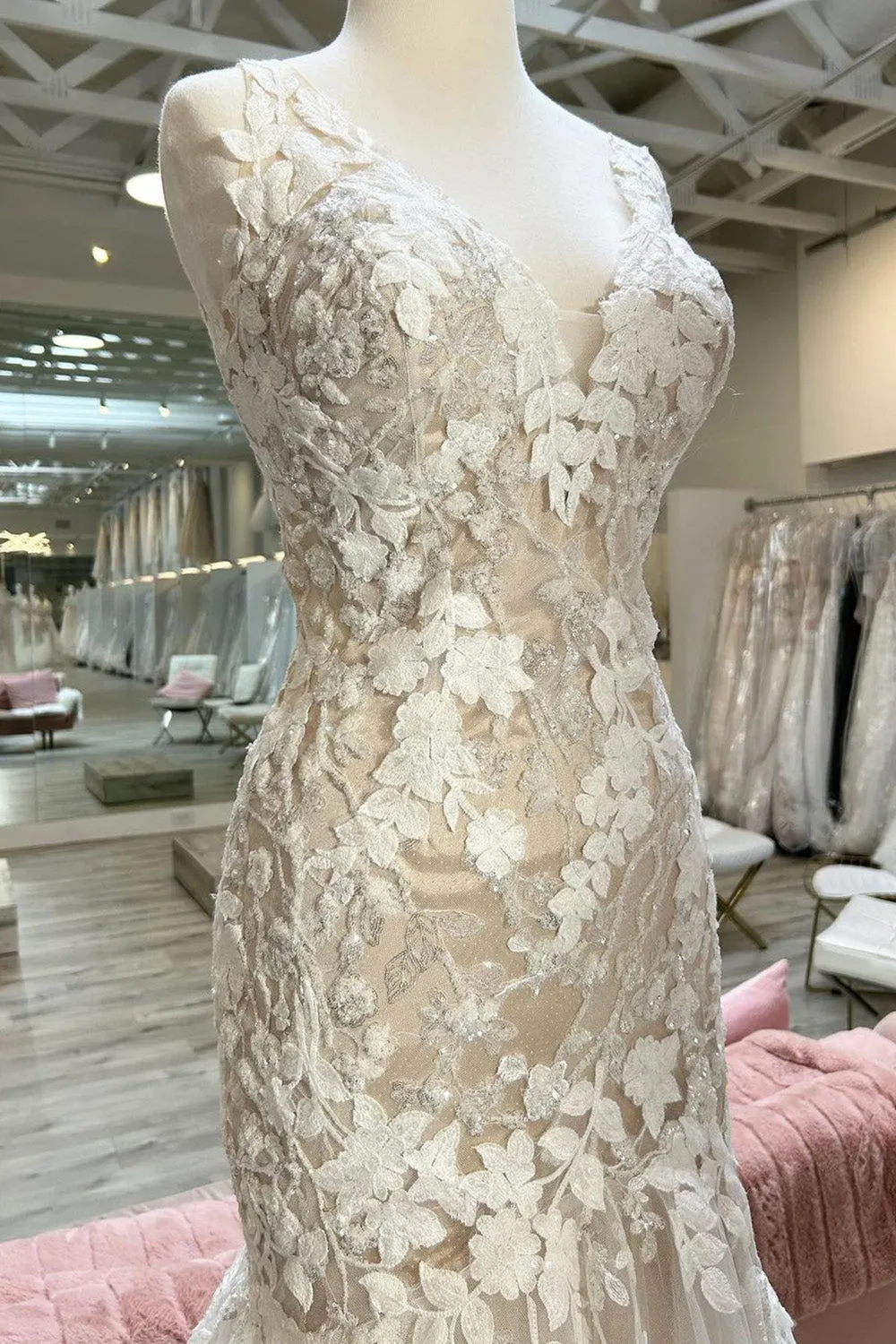 Natasha | Champagne V-Neck Asymmetrical Mermaid Wedding Dress with Appliques