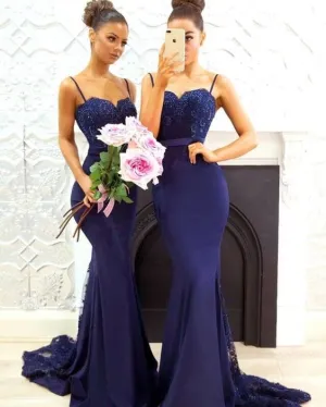 navy blue bridesmaid dresses long mermaid lace appliqué beaded elegant wedding guest dresses