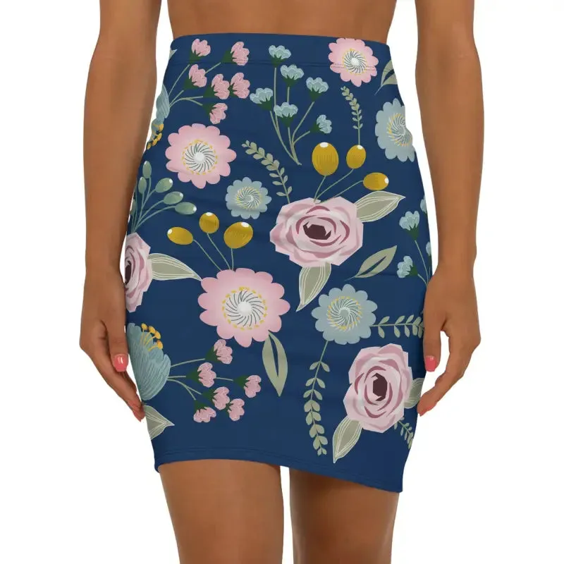 Navy Blue Mini Skirt with Spring Florals Bold Looks