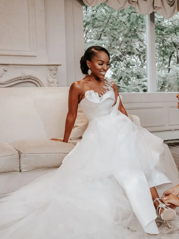 Newest One-shoulder Mermaid Satin Tulle Long Wedding Dresses With Train. WDS0111