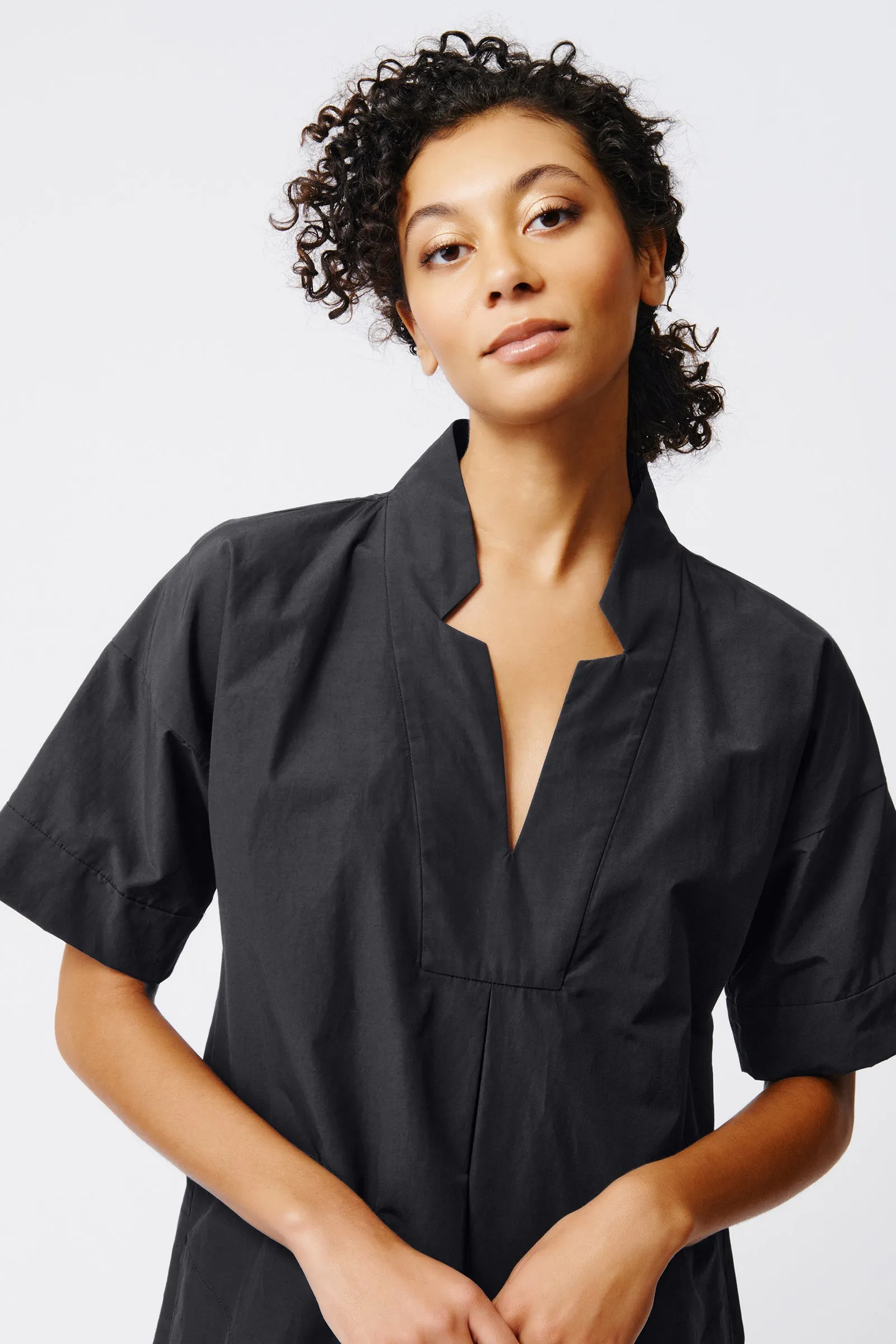 Notch Placket Dress - Black Broadcloth