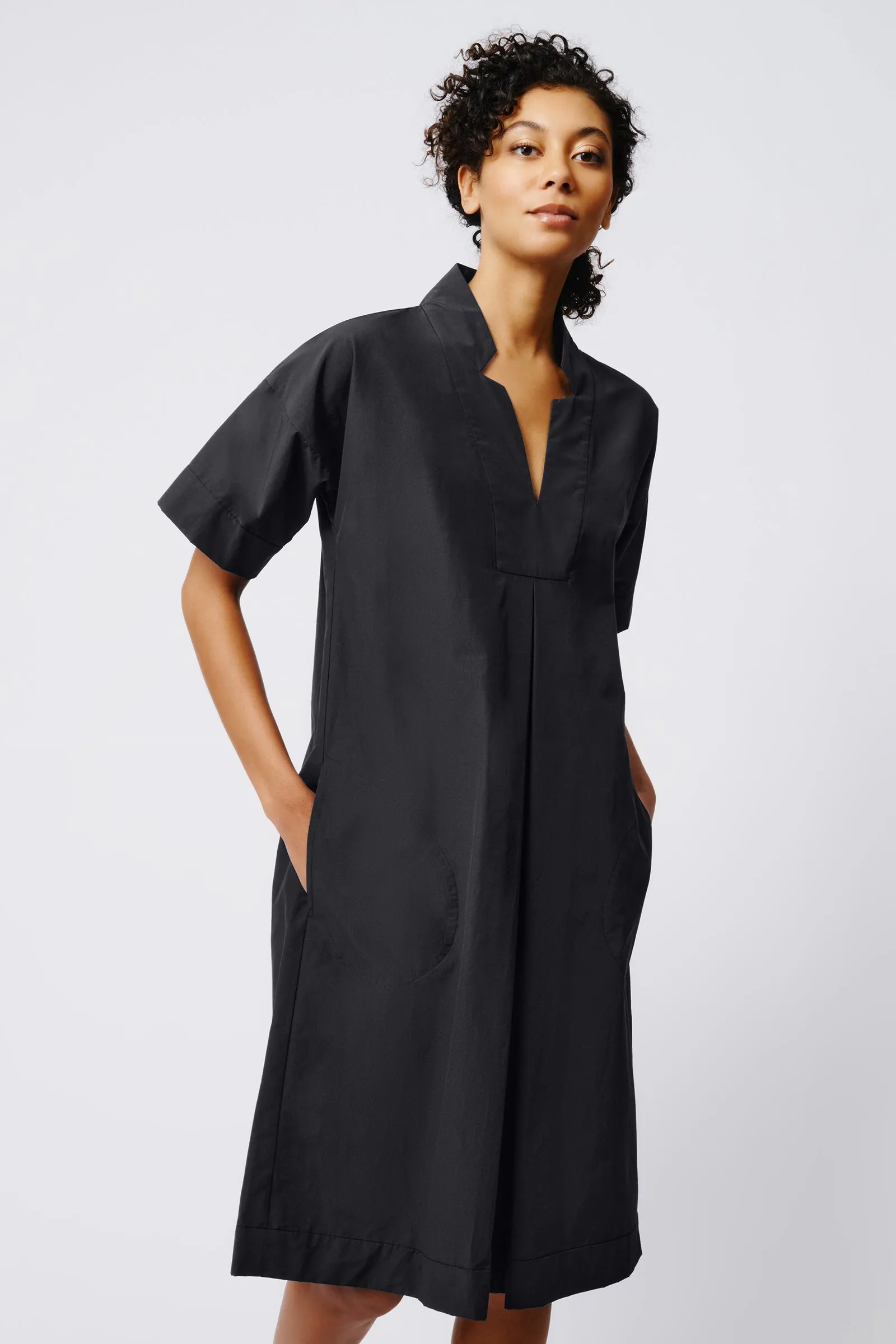 Notch Placket Dress - Black Broadcloth