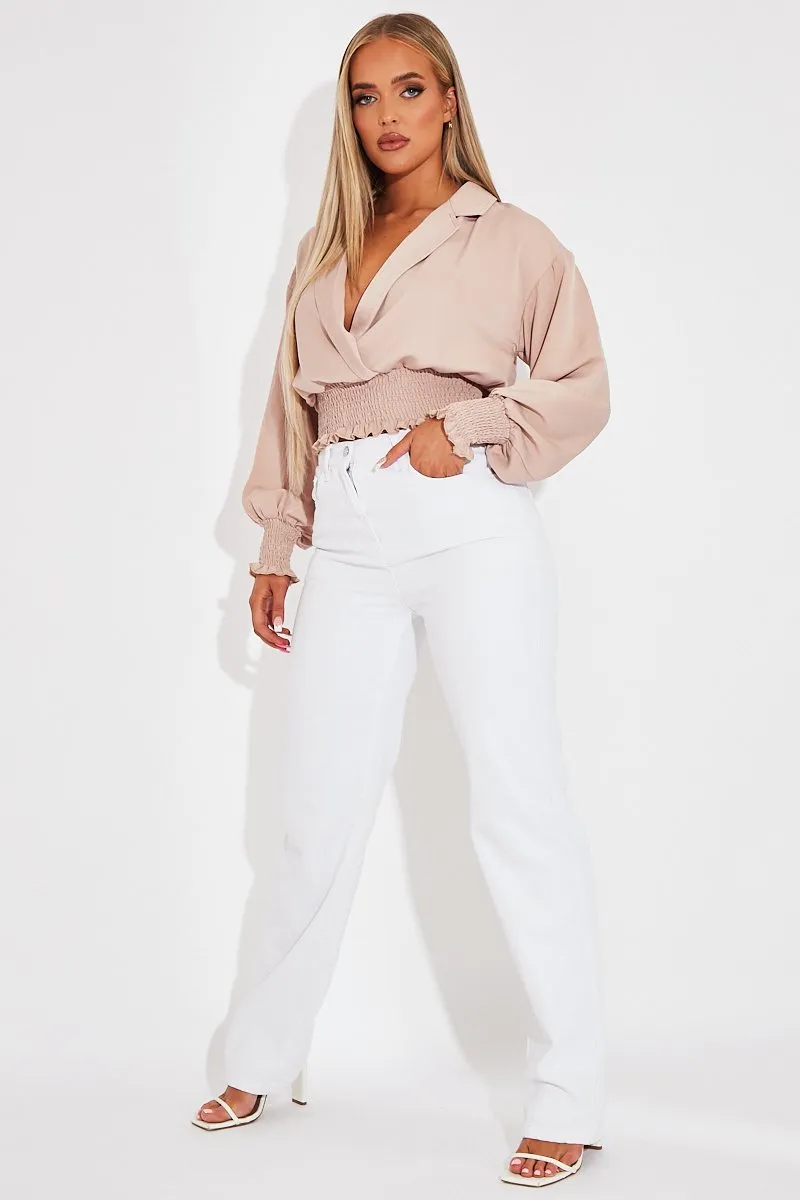 Nude Plunge Shirred Waist Top - Ciera